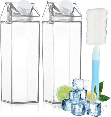 Latrt 2 stycken transparent mjölklåda vattenflaska återanvändbar mjölkkartong med koppborste, för förvaring av drycker, picknick, camping, mjölk, apelsinjuice, öl i kylskåpet, 1 l