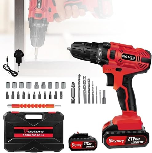 21V Cordless Drill Battery Power Drill Driver 3/8 Keyless Chuck Electric Screwdriver Kit, 25+1 Torque 45Nm Max 2 Speed Combi Drill Kit with 1500 mAh Li-Ion Battery, Fast Charger, 26PCS Drill Bits