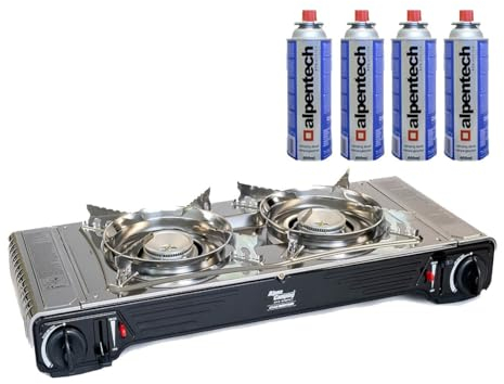 Alpentech - Hornillo de gas con 2 luces de 4400 W, acero inoxidable, portátil, interior y exterior, con termopar encendido piezo + 4 cartuchos Atlas