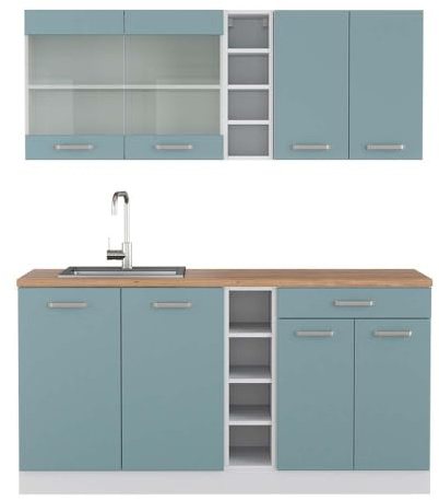 Vicco Singleküche R-Line, Blau-Grau/Weiß, 160 cm, AP Eiche, mit Flexibler Anordnung der Module und erweiterbar