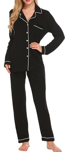 Ekouaer Pajamas Women's Long Sleeve Pyjamas for Women Soft Button Down Loungewear Pjs Lounge Set Nightwear,Black,M