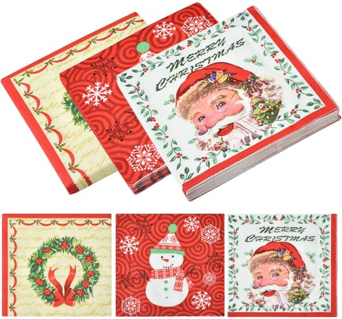 VITEVER 60 Stück Servietten Weihnachten, Weihnachtsservietten 3 Designs, Einweg-Cocktailservietten aus Papier, dekorative Weihnachtsservietten für Urlaub, Abendessen, Weihnachtsfeiern