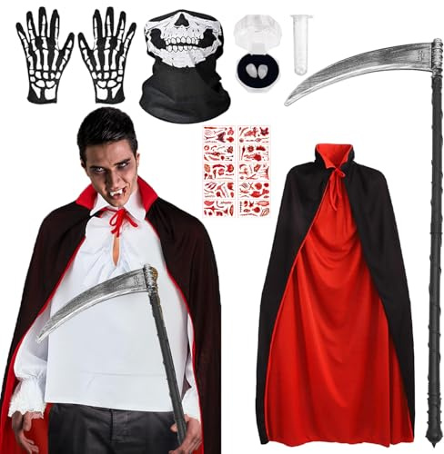 Capa de Vampiro de Halloween,Capa Reversible Negro Rojo,Pegatinas de Cicatriz,Dentadura postiza,Guantes y hoz,Disfraz de vampiro de Halloween,Disfraz de Halloween para Niños Adultos Fiesta Cosplay