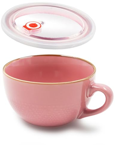 Dowbom Soup Bowl With Lid, 700ml Porcelain Ramen Bowl, Instant Noodle Microwave Safe, Large Soup Mug (Pink)