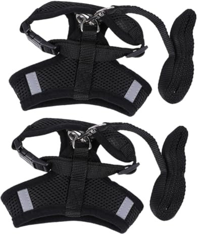 WOONEKY 2stücke Verstellbares Mesh-Geschirr Für Kleine Hunde Und Katzen Atmungsaktive Weste Mit Brust Und Rückengurten Für Im Freien Schwarz