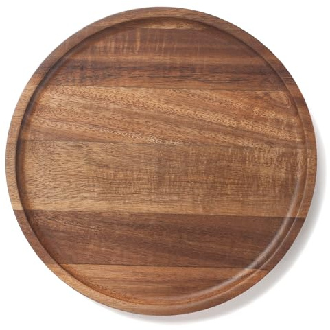 Rund träbricka, akacia trä dekorativ serveringsbricka för soffbord och heminredning, träförrätt, Charcuterie Board för köksbänk, 25 cm