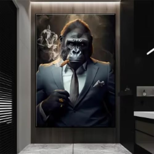 JACBON Moderne Tiere Gorilla im Business-Anzug Rauchen HD Poster Bilder Leinwand Gemälde und Drucke für Wohnzimmer Wohnkultur 80x120cm Rahmenlos