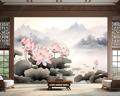 Papier Peint Intissé Paysage De Lotus Méticuleux Poster Tableaux Muraux Tapisserie Photo Trompe L'Oeil Salon Chambre Art Mural 400Cm(L) X280Cm(H)