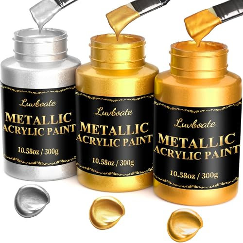 Vernice metallica acrilica, 3 colori oro 24k & oro brillante & argento 31,75 oz (900g), non tossico, vernice metallica non sbiadita per pittura d'arte su tessuto, tela, legno, argilla, artigianato