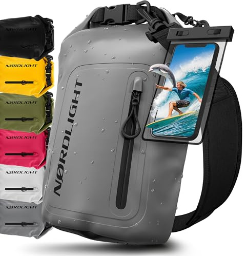 Nordlight Dry Bag Sacca Impermeabile + Custodia per Cellulare + Chiusura Arrotolabile, Tracolla | Zaino Impermeabile Sacca Stagna Borsa | Spiaggia, Canoa, SUP, Immersioni - Grigio, 10 Litri