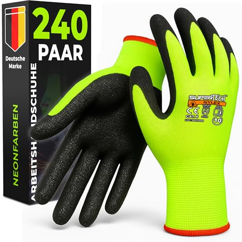 MK-Glove Reflektierende Arbeitshandschuhe Herren mit Rauh Latexbeschichtung (240 Paar) - Schutzhandschuhe für Baustelle und Werkstatt - Strapazierfähige Gartenhandschuhe - 7 - S - Neon