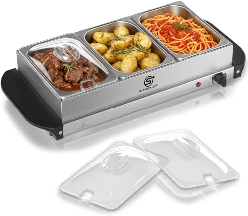 SUPERLEX 2in1 Warmhalteplatte und Buffetwärmer aus Edelstahl 200W mit 3x1,5L Speisebehältern Gleichmäßige Wärme Speisewärmer für Buffets Partys Familienessen Catering Events Kompakt Leicht Reinigung