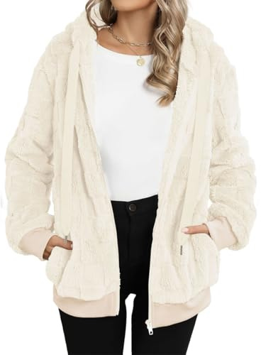 EIRUKON Abrigo Mujer Caliente Esponjoso Invierno Chaqueta Grueso Abrigos Sudadera Polar con Capucha Cremallera de Peluche Cálido Outerwear,Blanco,XXL