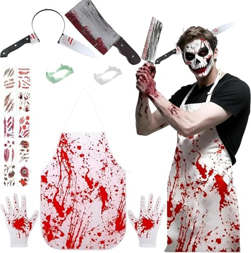 Jiahuade Halloween Schlächter Kostüm,Messer Haarband mit Blutige Schürze,Herren Metzger Kostüm Set,Metzger Kostü-m Herren,Metzger Schürze Hallo-ween,für Karneval Partys und Halloween Party