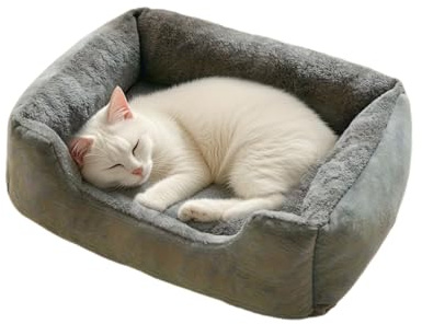 Großes Hundebett mit Seiten, weiches Plüsch, beruhigendes, rechteckiges Katzenbett mit rutschfester Unterseite, Haustierbett für kleine, mittelgroße und große Haustiere (grau, 60 x 45 x 5 cm)