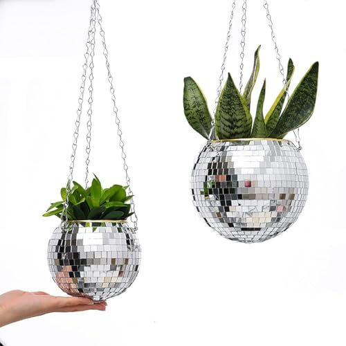 IRCKONCI Mirror Ball Disco Ball Hanging Planter with Chain, Glitter Hanging Planter Pot for Indoor Plants Herbs Boho Decor