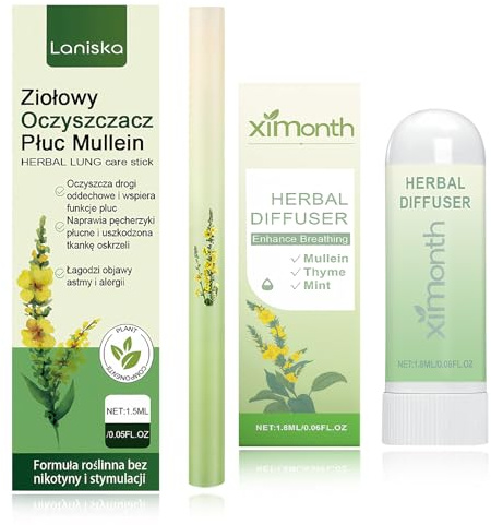 Juego de 2 limpiadores pulmonares de hierbas y palo nasal, Mullein Purificador de pulmón, pluma difusora mejorada Herbals con menta y tomillo, lápiz inhalador para una sensación fresca de respiración