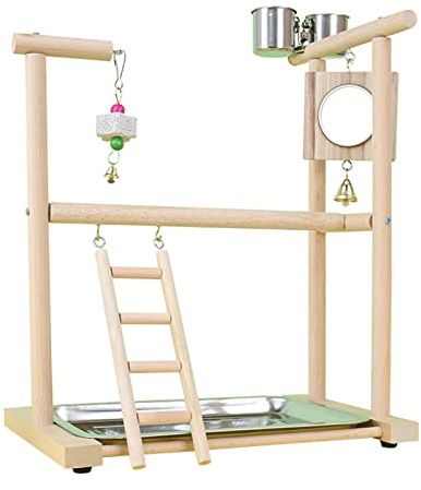 Geavonyg Vogelsitz Spielständer Leiter Spiegel Kauspielzeug Für Papageien Wellensittiche Käfigständer Zubehör Edelstahl Futterbecher Vogelspielplatz Naturholz Sitzstangenständer Mit Schüsseln Groß