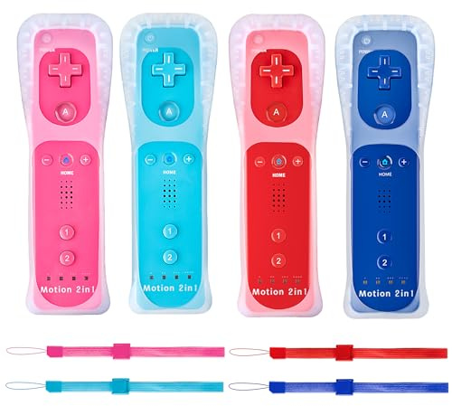DTianSir 4Pack Motion Plus Wii Remote Controllers with Silicone Case & Wrist Strap,Wii Remote Controllers with Built in Motion Plus Compatible for Wii U Consoles (Red+Light Blue+Pink+Blue)