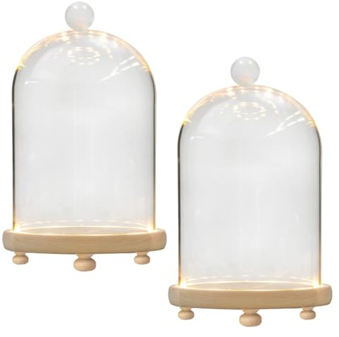 Monetais 2Pcs Glass Cloche with Base Clear Dustproof Bell Jar with Light Secure Cloche Glass Dome for Trinkets, Figurines, Plants, Flowers Display, 3.9x5.9in