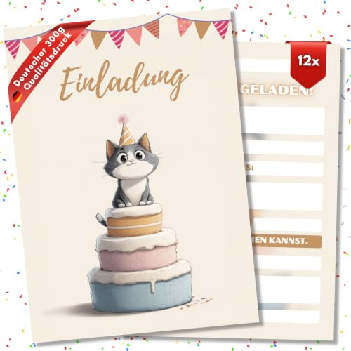 HIDEBLOOM Katze Einladungskarten Kindergeburtstag Mädchen und Jungen - 12 Stück - DIN A6 (10,5 cm x 14,8 cm) - Geburtstagseinladungen Einladungskarten Geburtstag - Party Cat