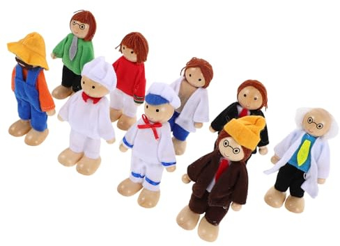 Veemoon Lot de 9 Set de Poupées en Bois Articulées pour Maison de Poupée, Figurines Professionnelles Flexibles, Personnages Communautaires pour Jeu D’Imagination et Apprentissage
