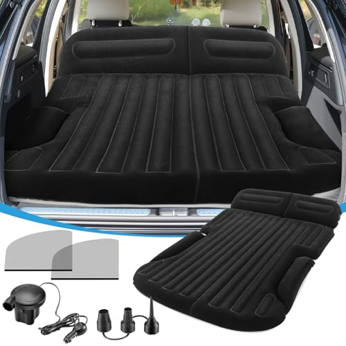 KMZ SUV Air Mattress with Electric Pump, Thick Double-Sided Flocked Camping Bed, Includes 2 Pillows & 2 Window Screens, Inflatable Travel Mattress for SUV Trunk and Rear Seat – Black