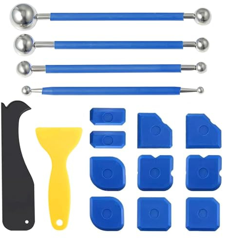 16pcs Sealant Finishing Tool Set, 10 Silicone Sealant Remover Tool, 4 Caulking Tool Metal Ball, 2 Plastic Scraper, Grout Finishing Tool Kit Kitchen Bathroom Windows Floor