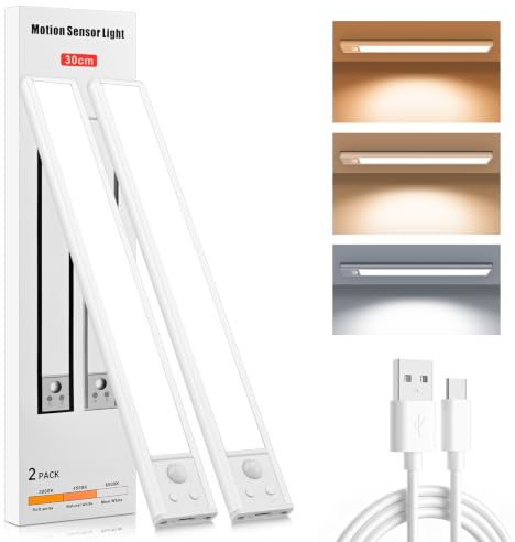 Oumida Luces Led Cocina Recargables Bajo Gabinete con Sensor,2 Pack Iluminación Bajo Gabinete de 3 models,USB C carga,Luz Inalámbrica Magnética para Interiores Estantería, Armario de Escaleras (30CM)