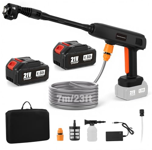 Limpiador de Alta Presión con Batería, 1000PSI (69bar), 336 L/h, Pistola Portátil con 2 Baterías de 4.0 Ah, Boquilla Giratoria Multifuncional 6 en 1, Manguera de 7M para Coche, Suelo, Terraza (DJ-680)