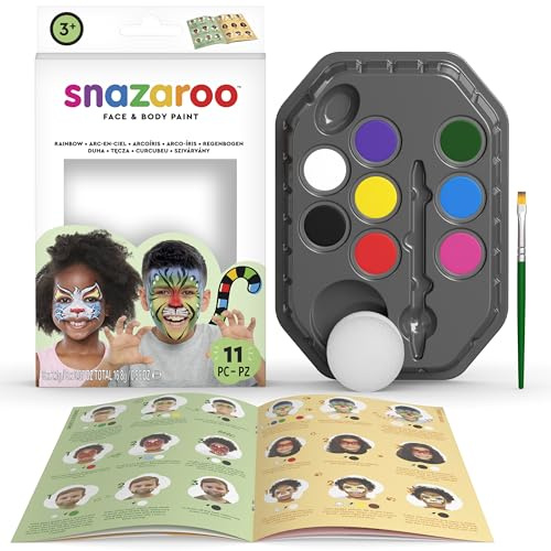 Snazaroo - Set de pintura facial Arcoíris, para niños y adultos, 8 colores, 1 pincel, 1 esponja, 1 guía, base de agua, maquillaje pintacaras, aguacolor