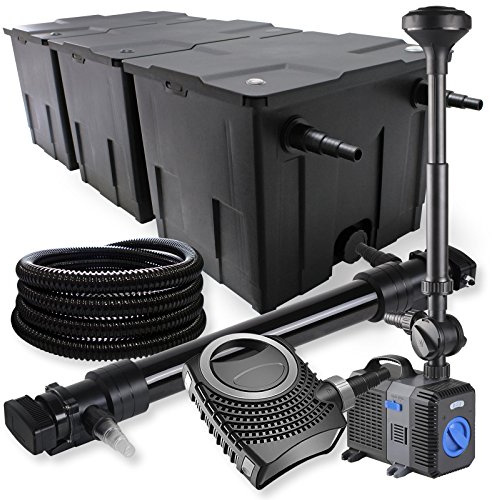 SunSun Komplettset: CBF-350C Teichfilter bis 90000 L Teichfilteranlage, NEO10000 Teichpumpe 10000l/h 80W, CUV-672 Teichklärer 72W, 25m Teichschlauch 25 mm, CTP-5003 Springbrunnen 5000l/h 30W