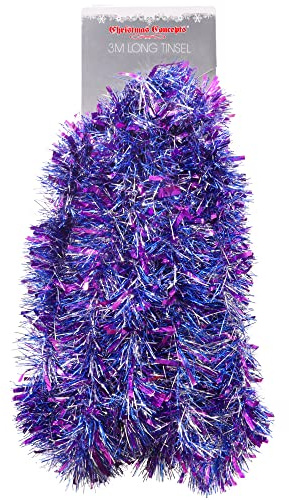 Christmas Concepts® 3m / 9.8ft Klobig/Feines Weihnachtslametta - Weihnachtsdekoration - Hochwertige Lametta (Lila, Blau & Silber)