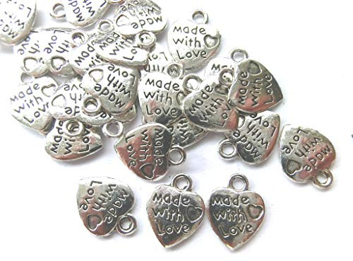 beadsvision 50 Charms Herz Made with Love Anhänger Farbe antiksilber 12x10mm Schmuckzubehör Metall #S097
