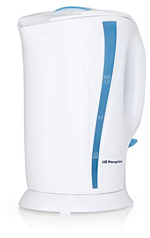 Orbegozo KT 5002, hervidor agua eléctrico, 750-900 W, 1 litro de capacidad, libre de BPA, jarra extraíble, filtro en la tapa, protección contra sobrecalentamiento, resistencia sumergida, color blanco