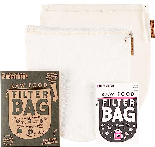 NECTARBAR 2X Nussmilchbeutel Leinen & Baumwolle - Eco Nut Milk Bag - Filterbeutel für Haferdrink, Nussmilch, Säfte & Tinkturen - Passierbeutel plastikfrei - Made in Germany