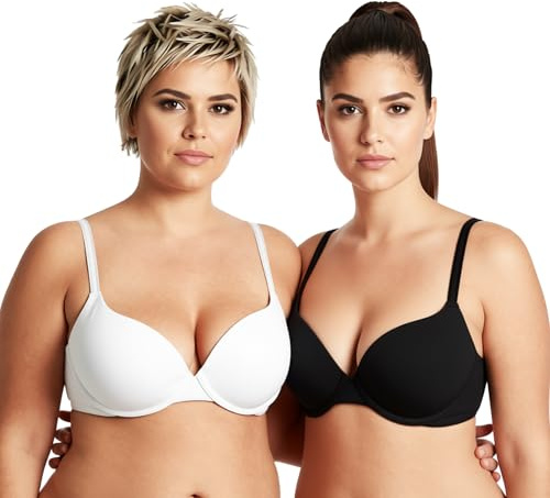 Curve Muse Reggiseno Leggero da Donna, Aggiungi 1 Tazza, Push up, Ferretto, Reggiseno Convertibile per T-Shirt-Confezione da 2-Nero,Bianca-10E