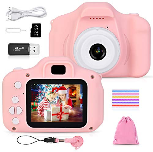 Faburo Appareil Photo Enfant Mini Numérique Caméra pour Enfant pour Jouet Cadeau Filles Garçons de 3 à 10 Ans, 12 Mpixels, 32G TF Carte, Vidéo HD 1080p, 510 Coins Photo pour Jeu en Plein air (Rose)