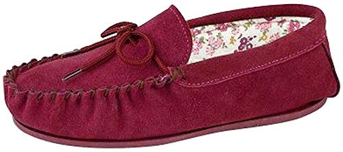 Mokkers Ladies Real Suede Leather Moccasin with Hardwearing Sole , Red Crimson Red, 6 UK