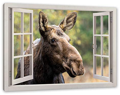 Pixxprint Elch im Wald, Fensterbild, Größe: 60x40cm, Leinwandbild, fertig gespannt, Wandbild, Dekoration, Kunstdruck, kein Poster
