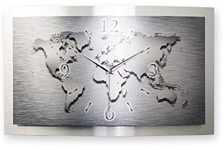 Kreative Feder 3D Designer-Wanduhr Weltkarte in modernem Metallic-Design; leise Quarzuhr mit glänzendem Motiv wahlweise in Zwei Größen (Weltkarte, 80x40; leises Quarzuhrwerk)