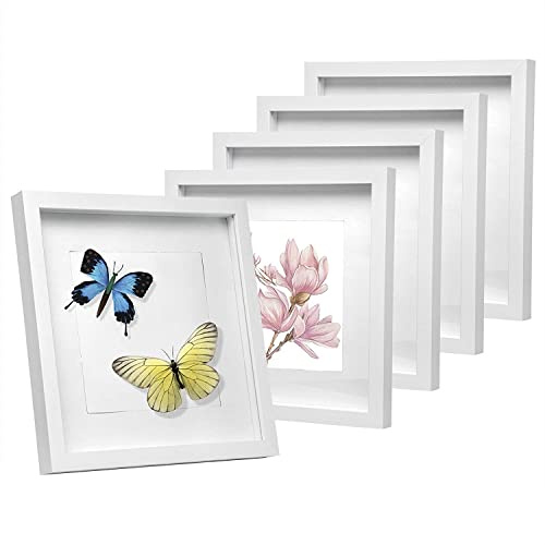 EUGAD 3D Bilderrahmen zum Befüllen, Bilderrahmen 20x20 cm, 5er Set Objektrahmen, Tiefer Rahmen für Objekte bis 1,5 cm, Holzrahmen Collage mit Papier-Passepartout, Weiß