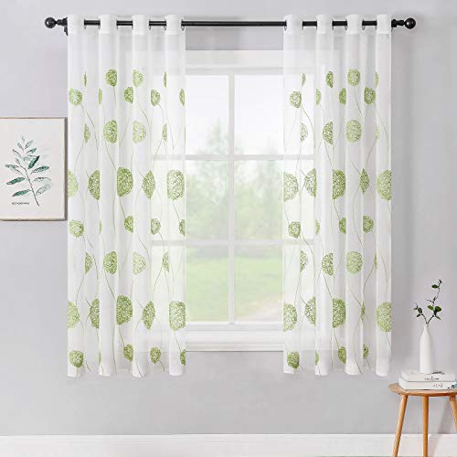MIULEE Cortinas Salon Modernas con Bordado con Hortensia Verde 140 x 145 cm | Cortinas Dormitorio Modernas Translucidas 2 Piezas con Ojales, Decorativas Visillos para Ventanas Habitacion