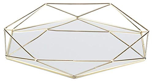 MAGT Spiegel-Tablett, goldfarben, Aufbewahrungstablett aus Glas, dekorativ, aus Glas, aus Metall, goldfarben, Vintage, flach, Service für Badezimmerdekoration, Make-up, Schminktisch