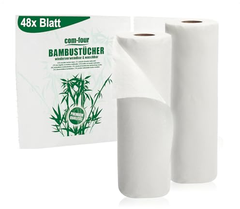 COM-FOUR® Doppelpack Küchenrolle, 48 Blatt saugstarke Allzwecktücher, wiederverwendbare und waschbare Haushaltstücher, umweltfreundliches Naturprodukt (2 Rollen à 24 Blatt - weiß)