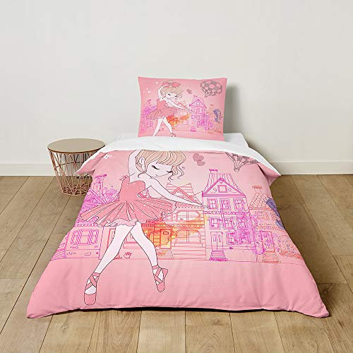 Morbuy Kinderbettwäsche Set mit Ballettmädchen Muster - Kinderbettwäsche-Set Babybettwäsche für Mädchen Junge - Mikrofaser Bettbezüge Kissenbezug 2 teilig (100x135cm+40x60cm,Rosa Stadt)