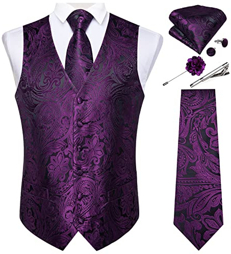 DiBanGu Herren-Weste und Krawatte, formelles Paisleymuster, Weste und Krawatte, Einstecktuch, Manschettenknöpfe, Seide, Anzugweste für Smoking, Hochzeit, Schwarz Violett, Large