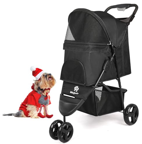 Wedyvko Passeggino per cani, per cani di piccola taglia e gatti, fino a 15 kg, con cestino portaoggetti e portabicchieri, nero