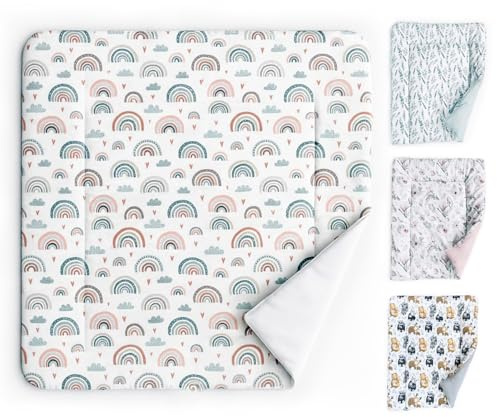 Wickelauflage 75x75 cm Baby Wickelunterlage Wickeltischauflage aus Baumwolle mit wasserdichter Unterseite, Abwaschbar weiche hygienische Unterlage zum Windeln Wechseln Wickelaufsatz Wickelmatte rosa