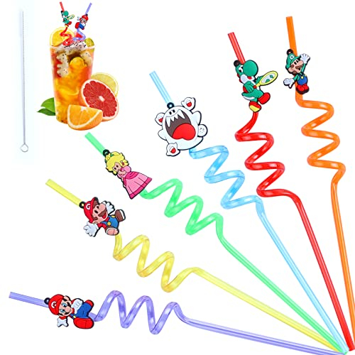 Pailles, Pailles Spirales,6 Pièces Paille Plastique+1 Pièces Brosses,Pailles de Coloré,Pailles Réutilisables,pour Fournitures Pailles de Fête D'anniversaire des Enfants.